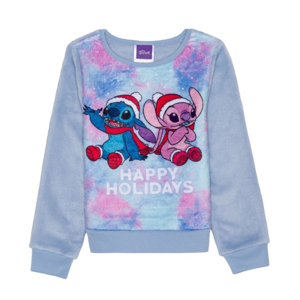 Disney Little Girls Stitch Happy Holidays Long Sleeve Plush Pullover Sweatshirt